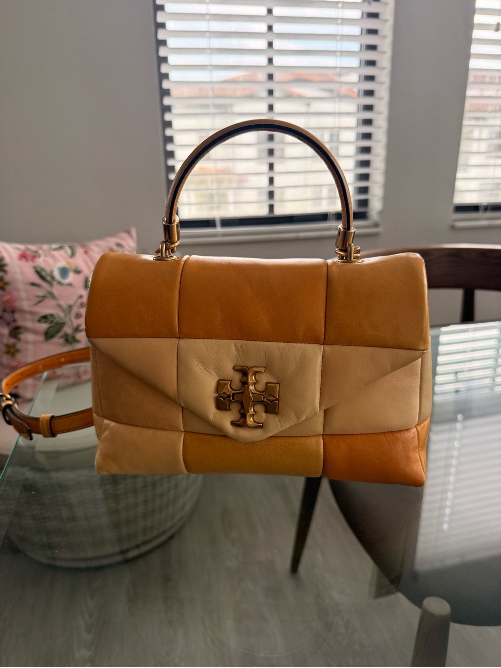 Tory Burch Kira Patchwork Small Leather Top-Handle Satchel in Tan, Cream/Yellow